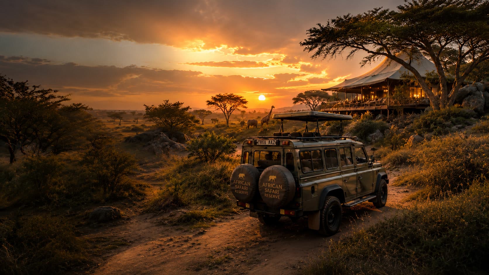 An African Safari Reserve safari vehicle beside a luxury tented lodge at golden-hour sunset, with elephants and a giraffe on the savanna beyond